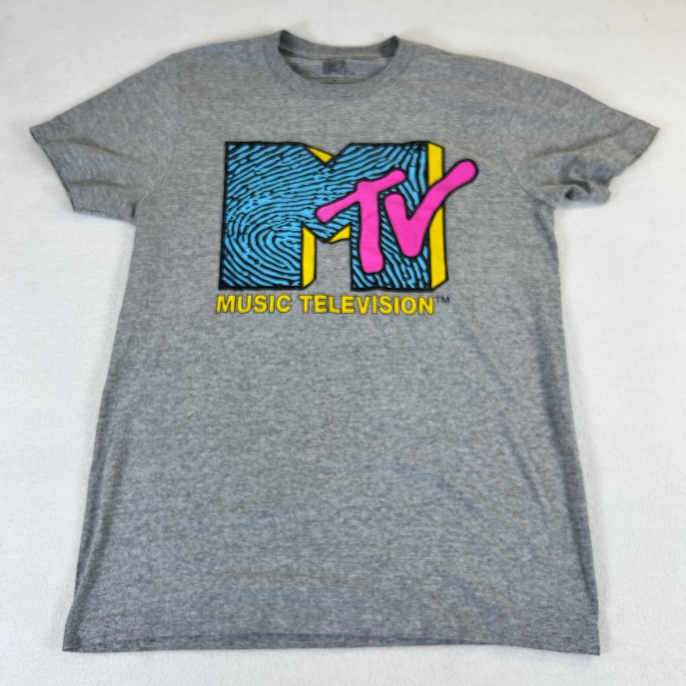 MTV Music Television Graphic T-Shirt Gray‎ Blue Pink Logo Small Retro 90s Style